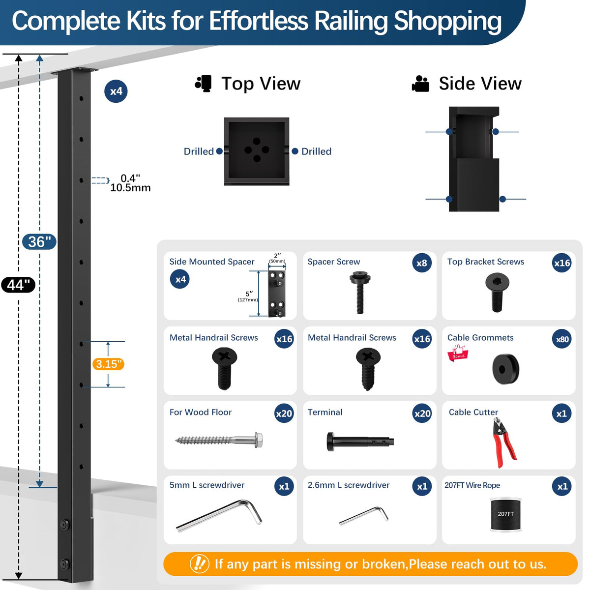 36" All Black Side Mount Stair Cable Railing Post Kits, 3 Pack Space-Saving Fascia Mount Stair Railing System Includes Side Mount Posts, 167FT Cable, 20 Swageless Patent Tensioner (No Handrail)