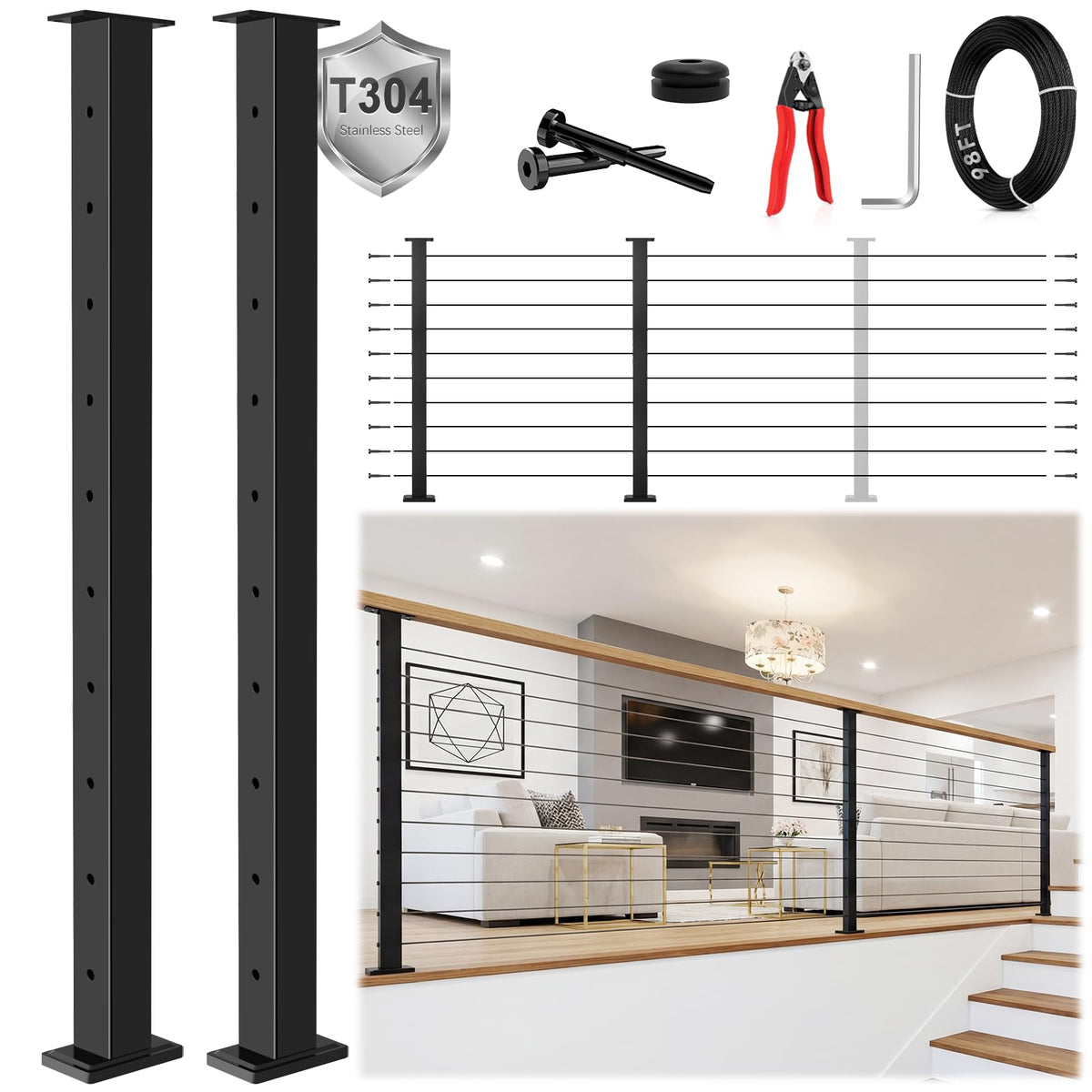 36" Modular 12-16FT Cable Railing Post Kit for Deck Surface Mount