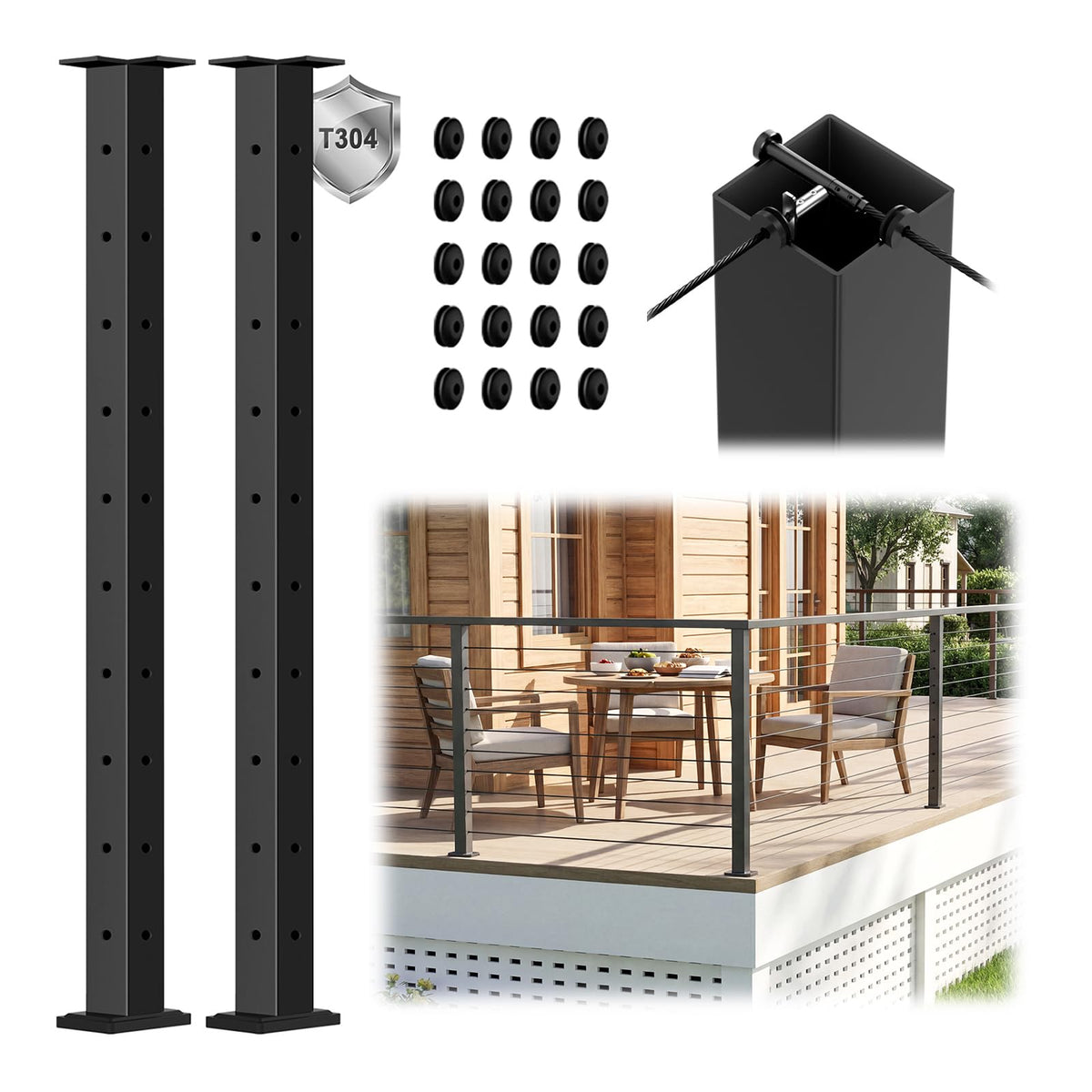 4 Pack 36" Modular Swageless Cable Railing Level Post for Decks