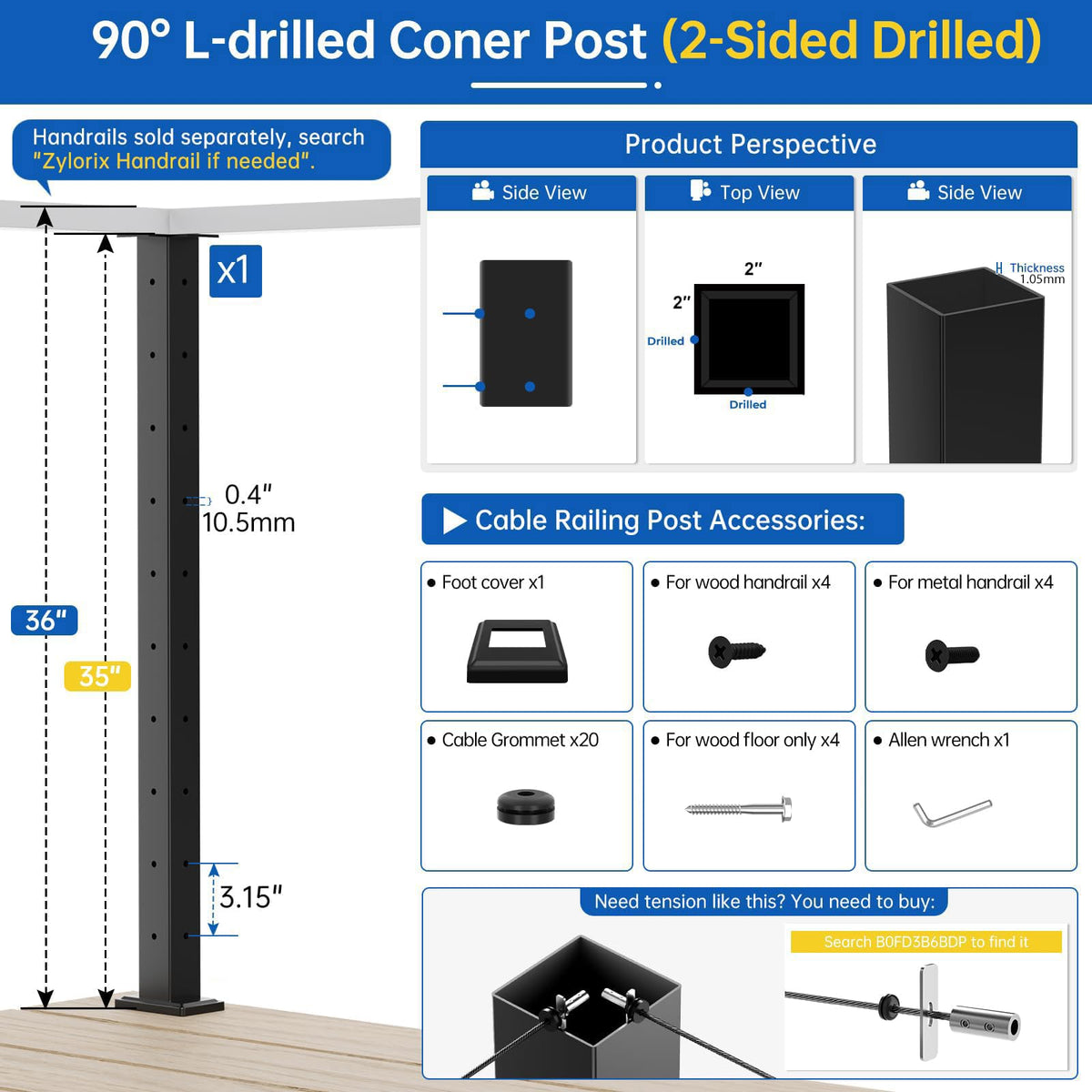 4 Pack 36" Modular Swageless Cable Railing Level Post for Decks