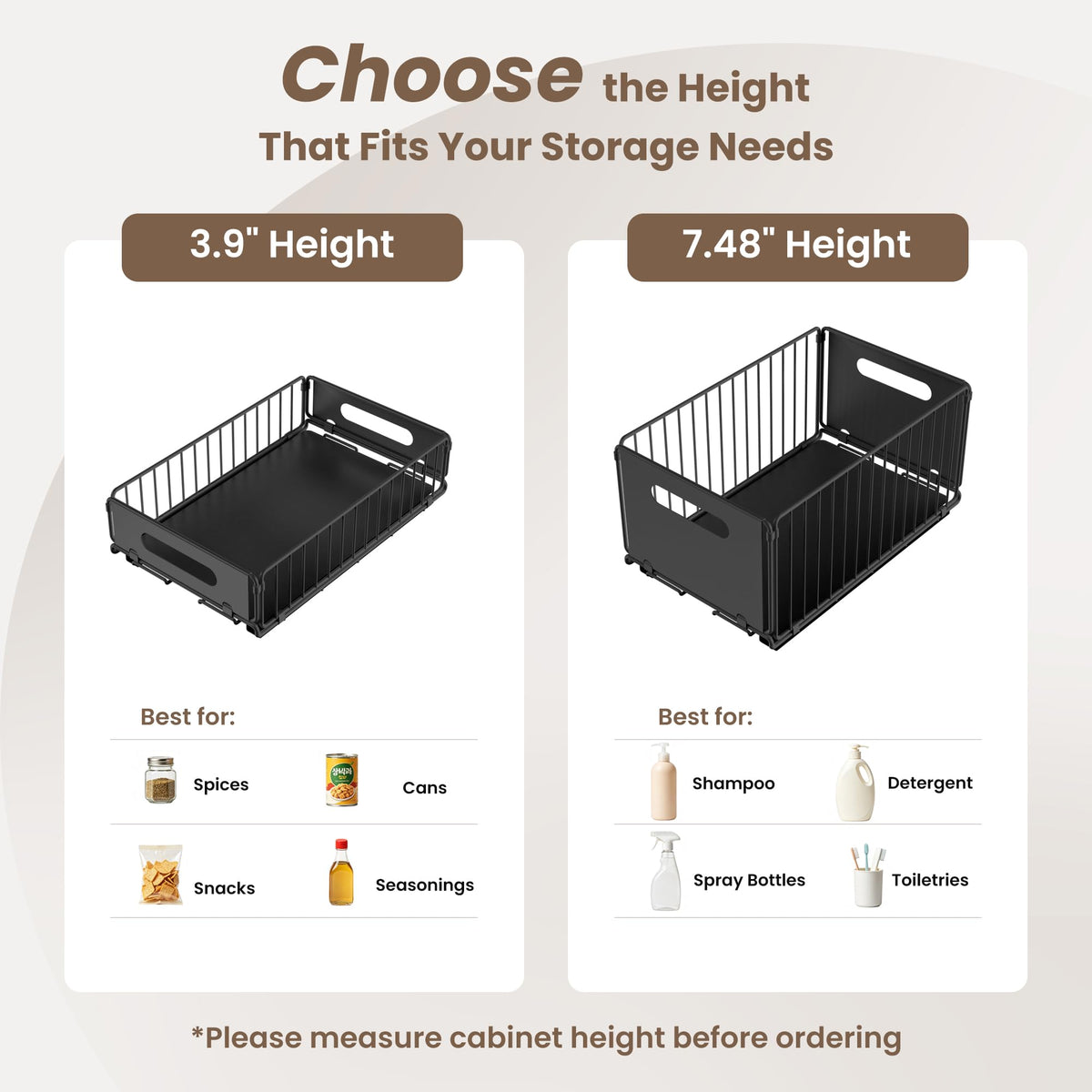 4 Pack Pull Out Cabinet Organizer, Heavy Duty Slide Out Drawer with No Drill Adhesive or Screw Mount, Carbon Steel Roll Out Shelf for Kitchen Cabinet, Pantry & Bathroom Storage