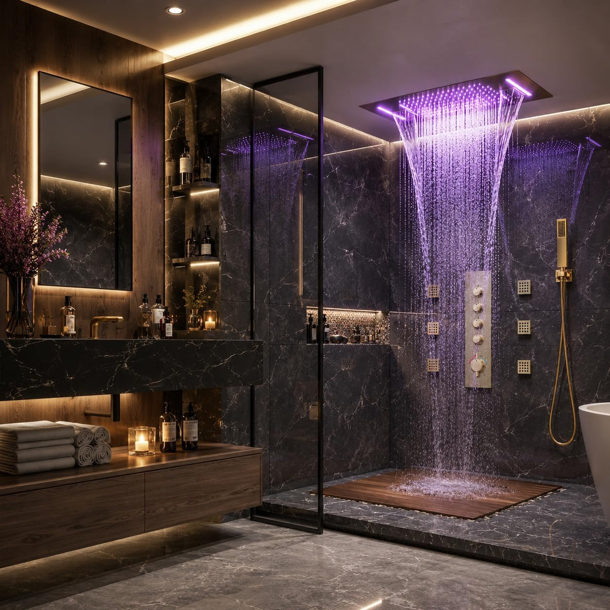 23" Luxury LED Thermostatic Shower Jets System, Ceiling Rainfall Waterfall