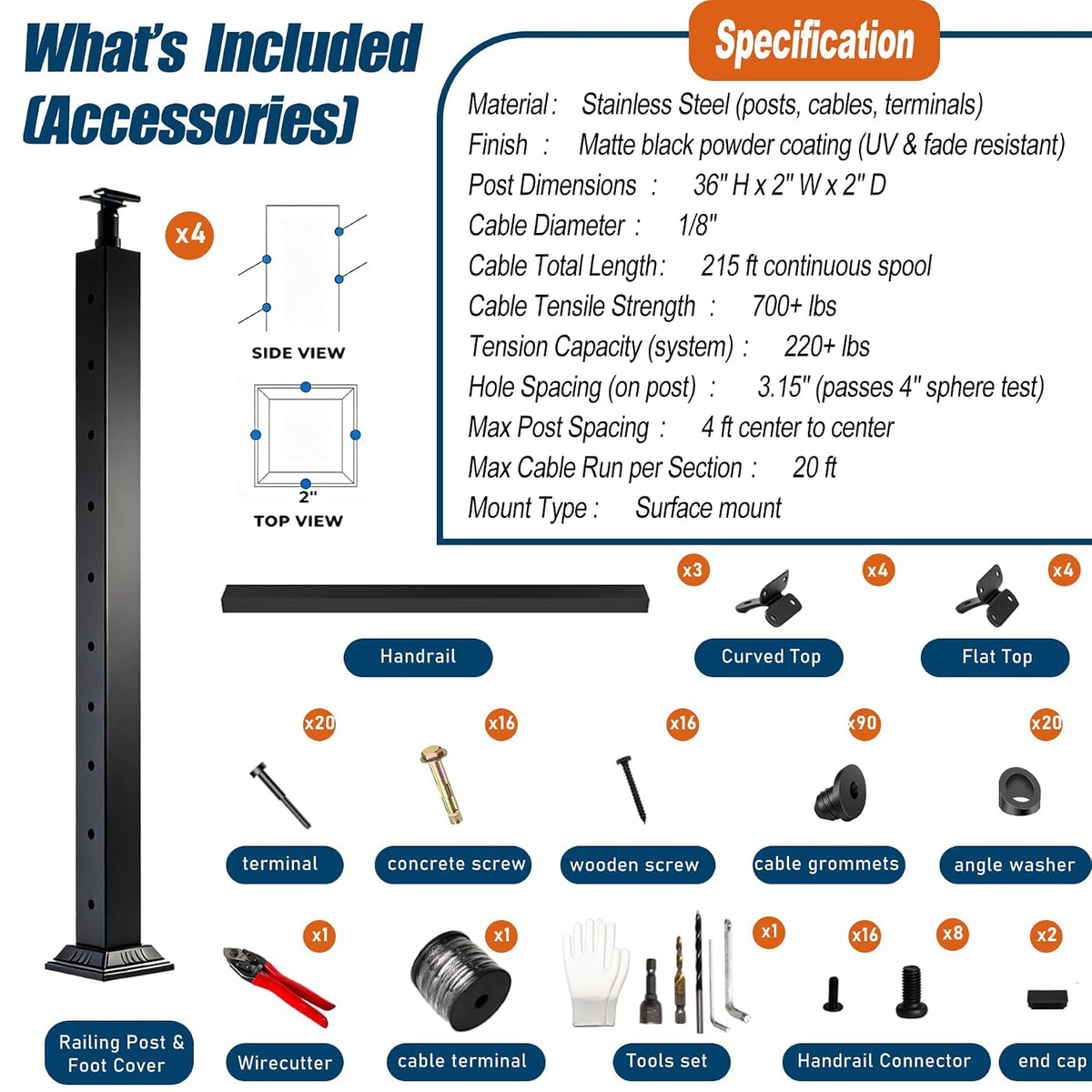 12-20FT Complete Cable Railing System 36" Stair Railing Posts with Handrail