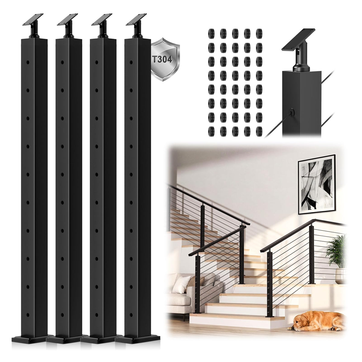 4 Pack 36" Modular Swageless Cable Railing Level Post for Decks