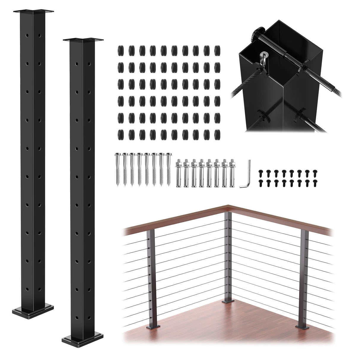36" Modular 12-16FT Cable Railing Post Kit for Deck Surface Mount