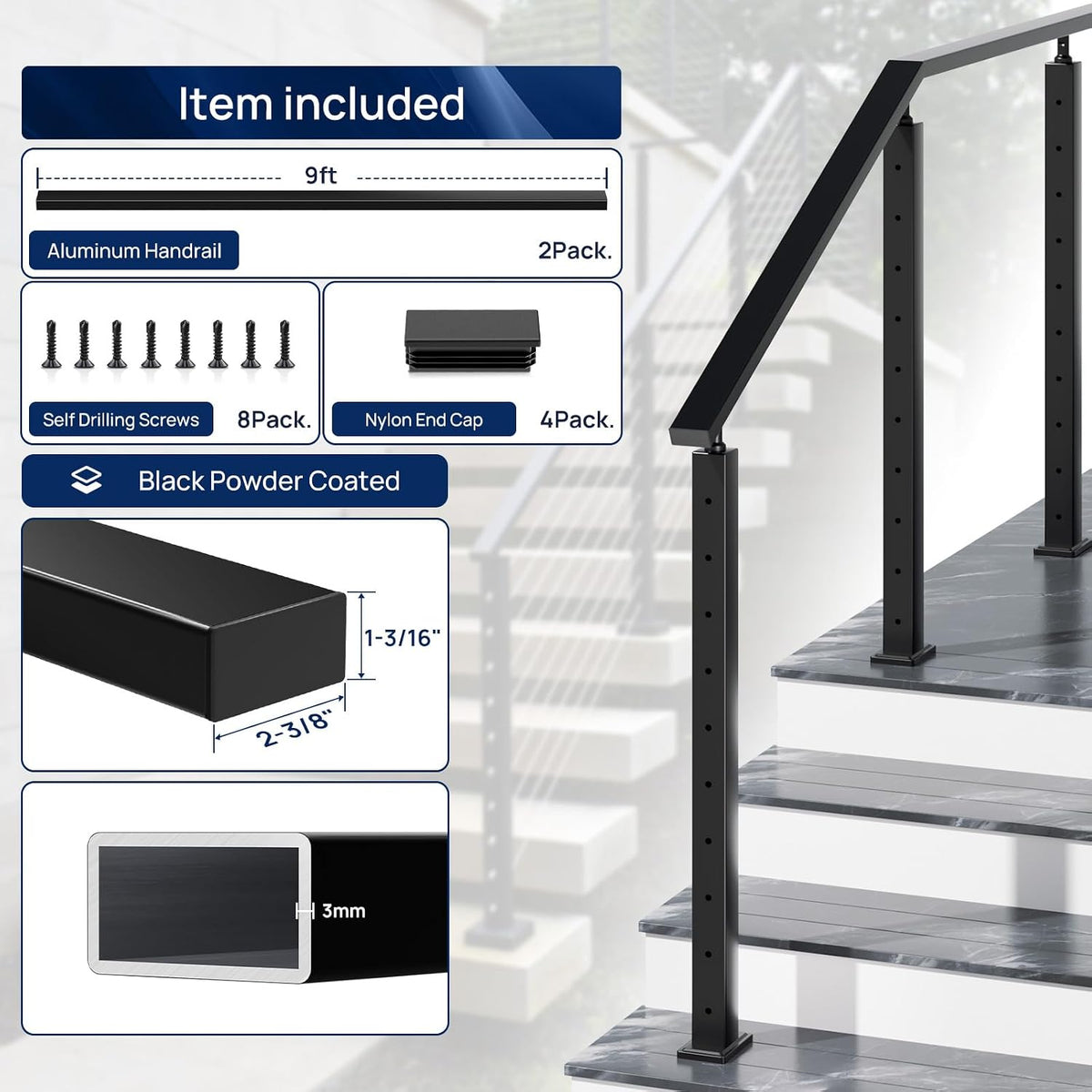 2 Pack 9FTx 2-3/8"x1-3/16 Aluminum Black Handrail with Self Drilling Screws Nylon End Caps, AAMA 2604 Coating, 3mm Thick Flat Handrail Cuttable Top Rail for Deck Stair Railing Indoor Outdoor