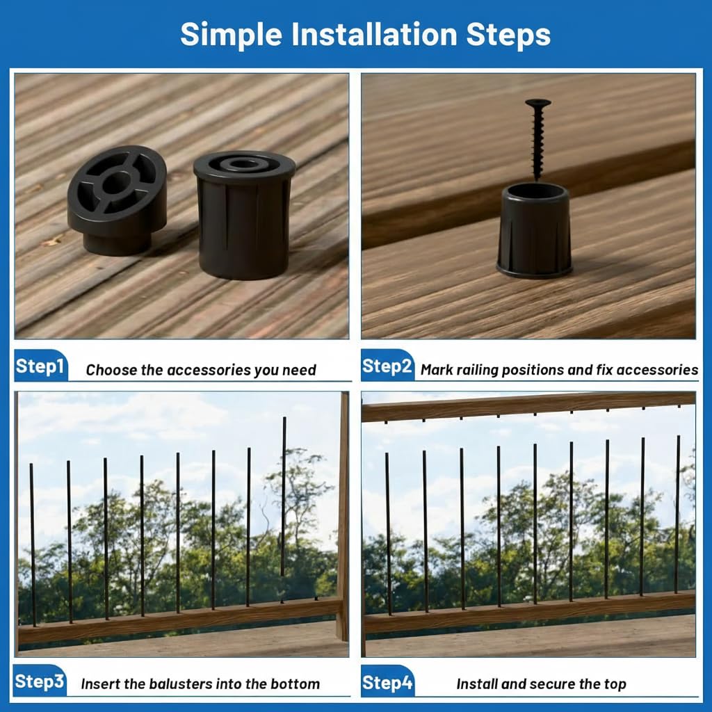 105 Pack 26 inch Aluminum Balusters for Deck Railing,Black Round Metal Spindles for Staircase,3/4" Diameter Hollow Deck Ballasters with Screws and Connectors for Railing Fencing Porch Stair Spindles