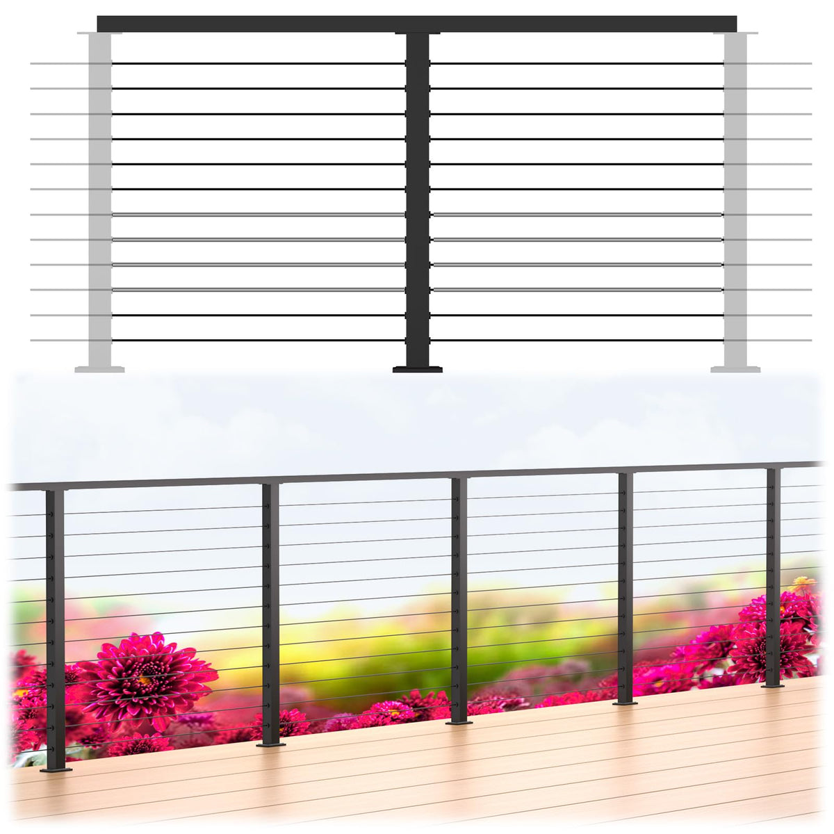 2ft-4ft Modular 42in Cable Railing System for Stair with Handrail
