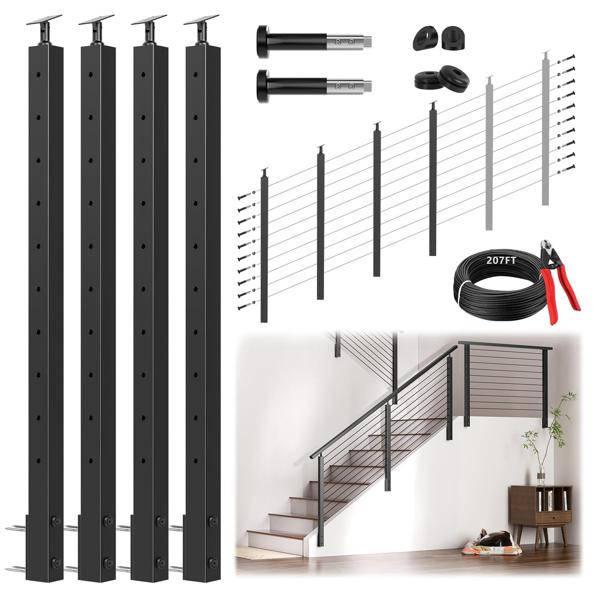 36" All Black Side Mount Stair Cable Railing Post Kits, 3 Pack Space-Saving Fascia Mount Stair Railing System Includes Side Mount Posts, 167FT Cable, 20 Swageless Patent Tensioner (No Handrail)
