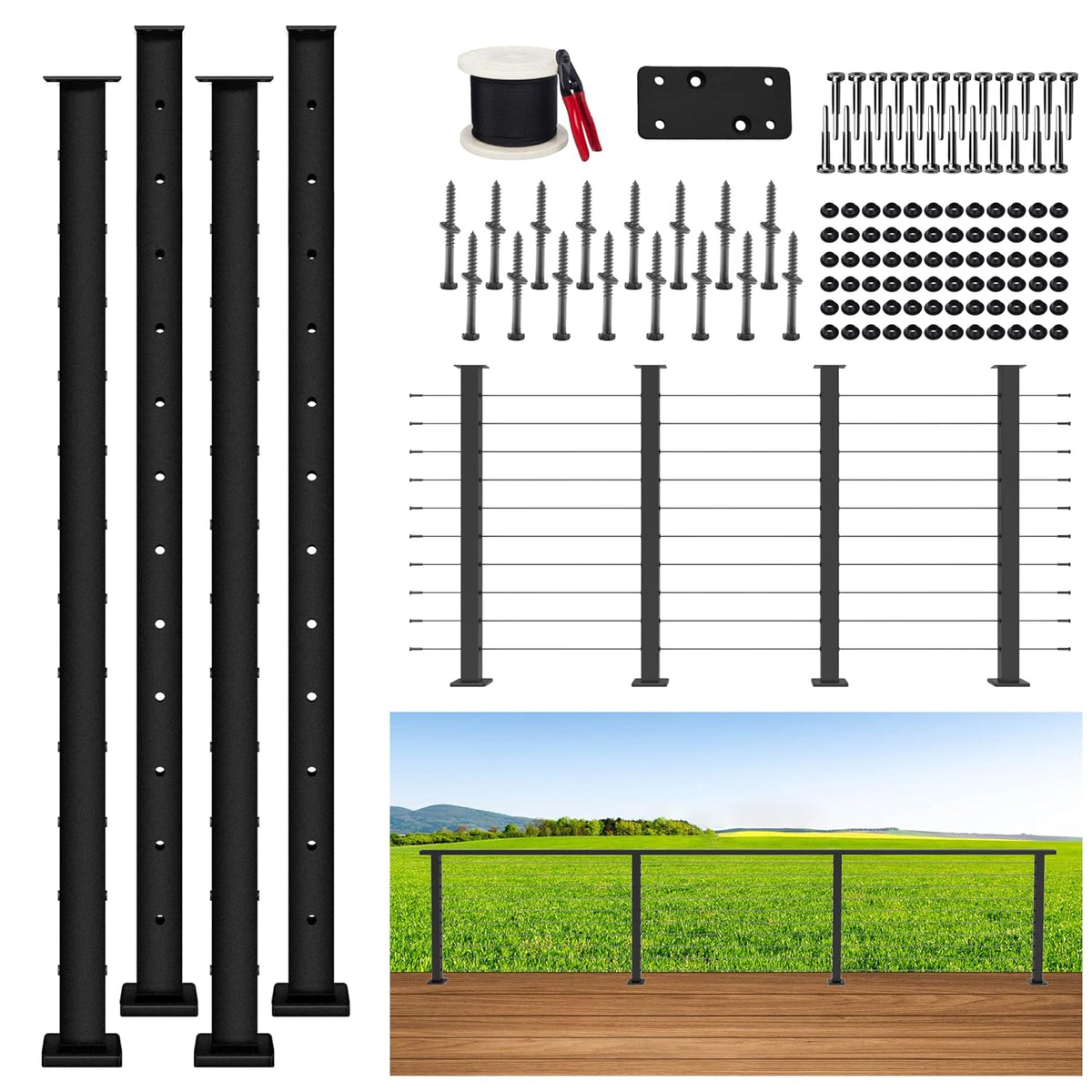 15FT 42" Complete Black Cable Railing Post Kit 4 line Post Kit -Cable Railing System for Deck Easy DIY (No Handrail)