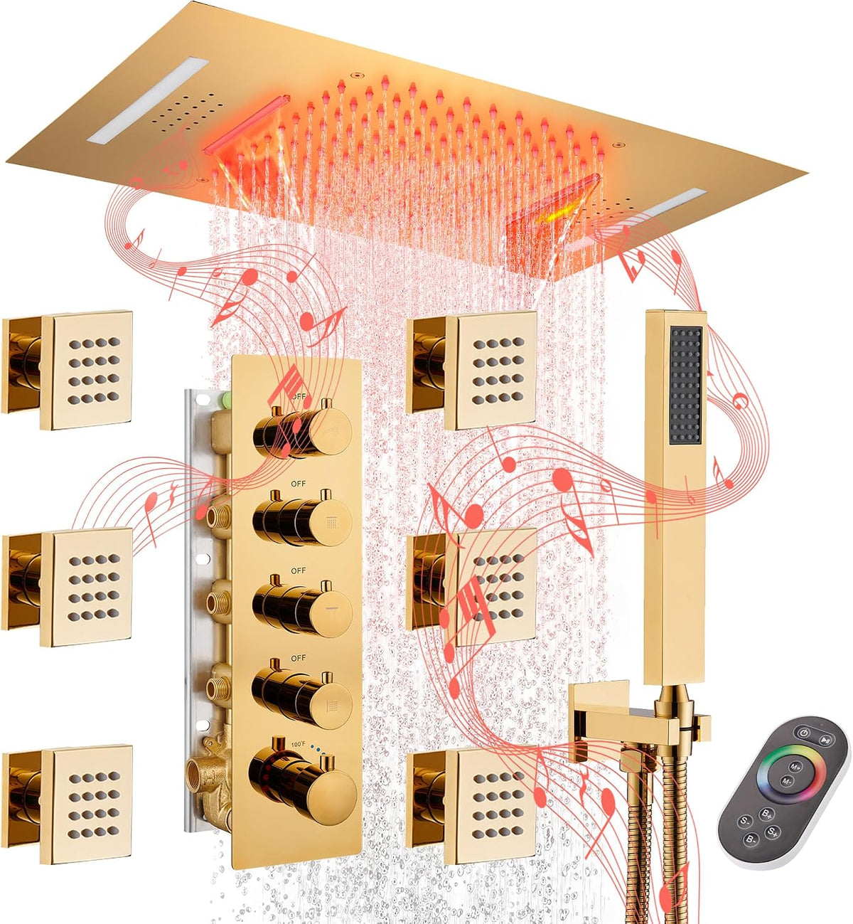 23" Luxury LED Thermostatic Shower Jets System, Ceiling Rainfall Waterfall
