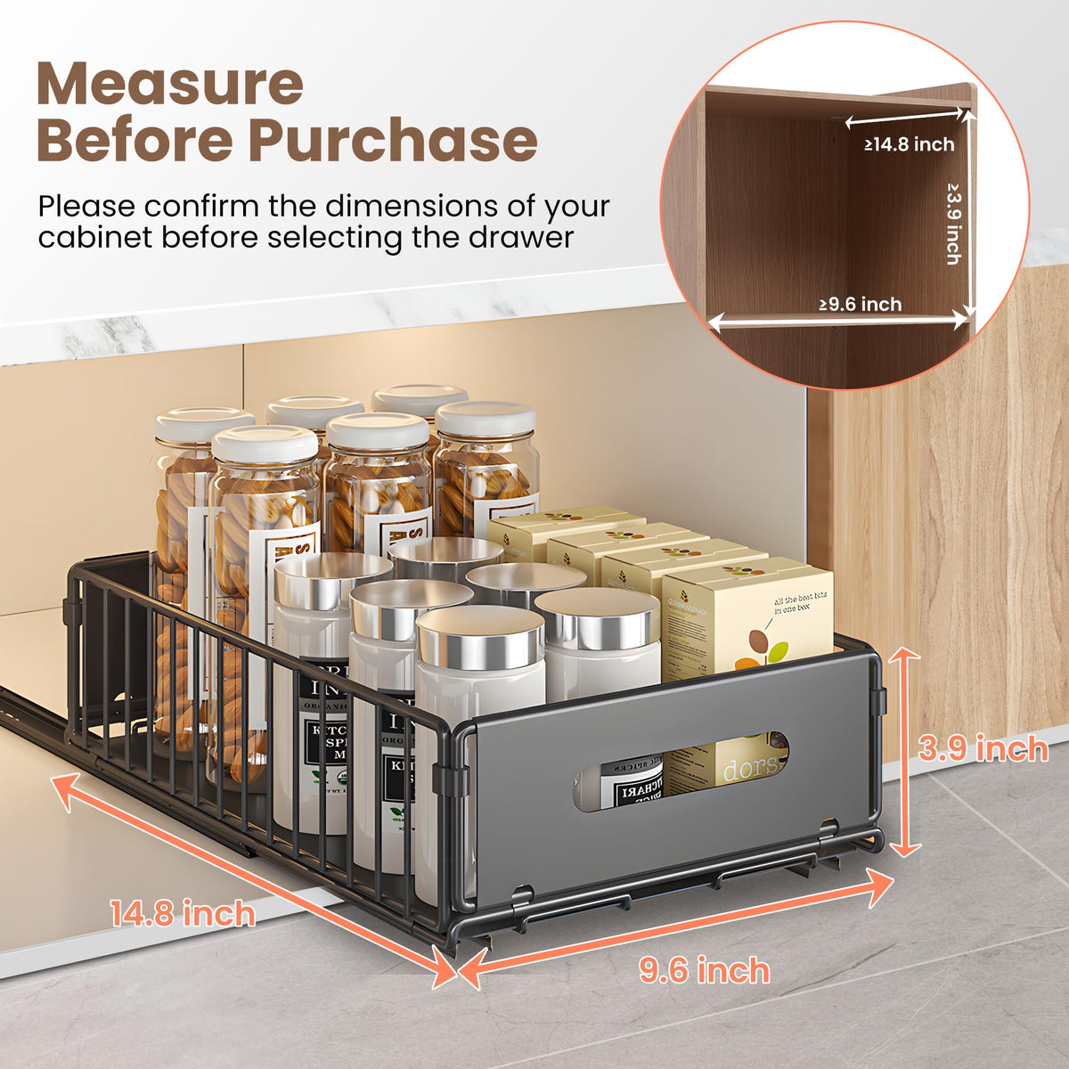 4 Pack Pull Out Cabinet Organizer, Heavy Duty Slide Out Drawer with No Drill Adhesive or Screw Mount, Carbon Steel Roll Out Shelf for Kitchen Cabinet, Pantry & Bathroom Storage