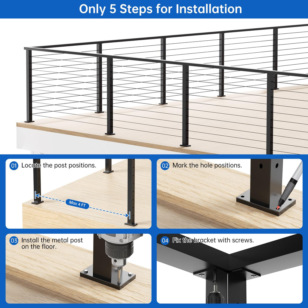 4 Pack 36" Modular Swageless Cable Railing Level Post for Decks
