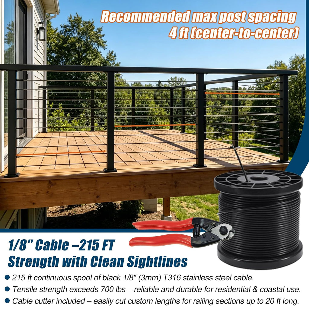12FT-20FT Cable Railing System Post Kit with Handrail - 4PC 36" Level Posts