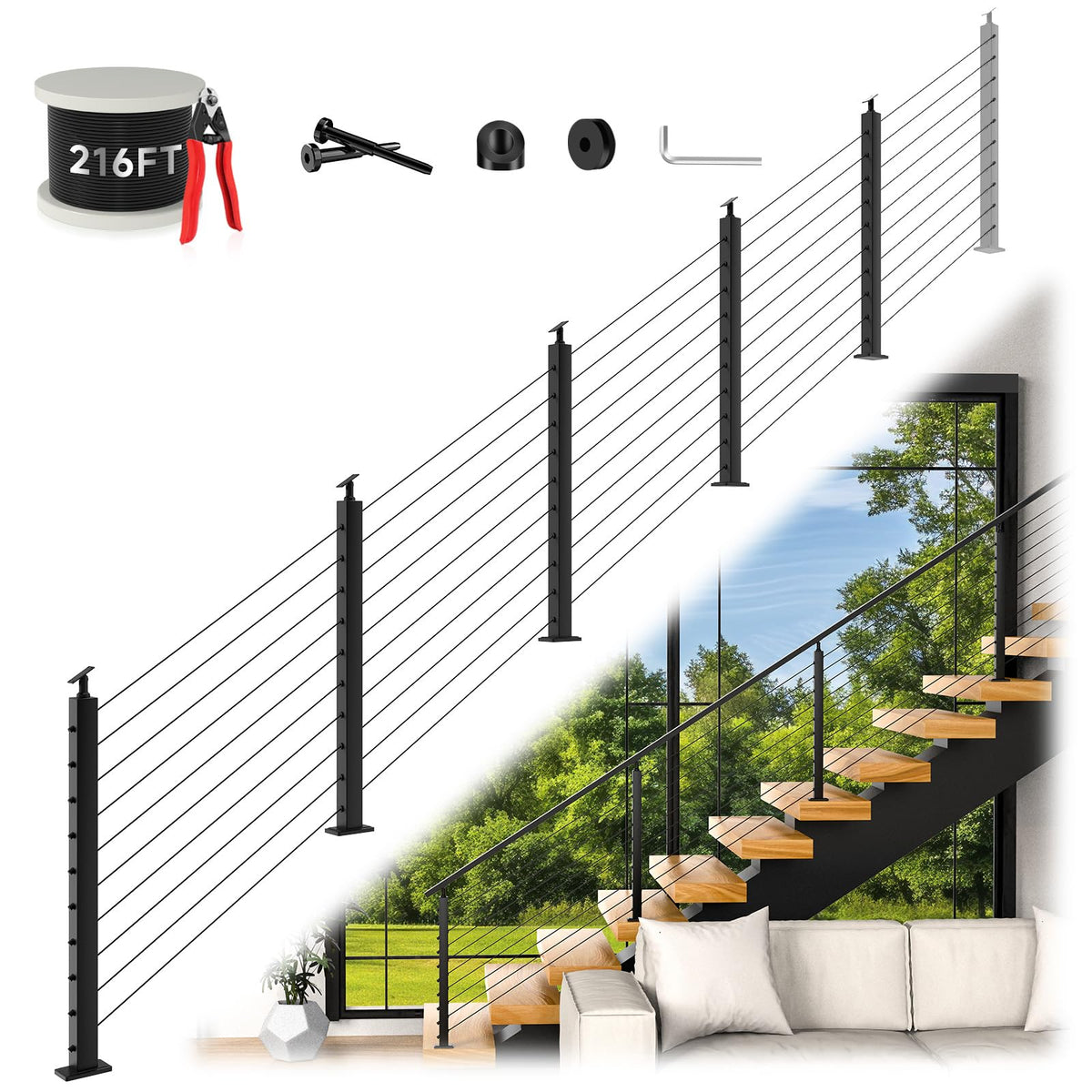 36" Modular 12-16FT Cable Railing Post Kit for Deck Surface Mount