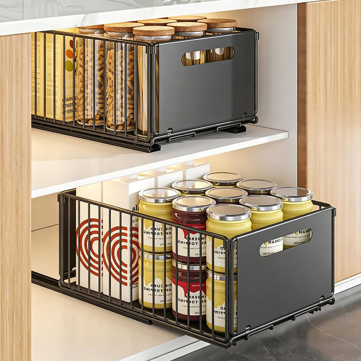4 Pack Pull Out Cabinet Organizer, Heavy Duty Slide Out Drawer with No Drill Adhesive or Screw Mount, Carbon Steel Roll Out Shelf for Kitchen Cabinet, Pantry & Bathroom Storage