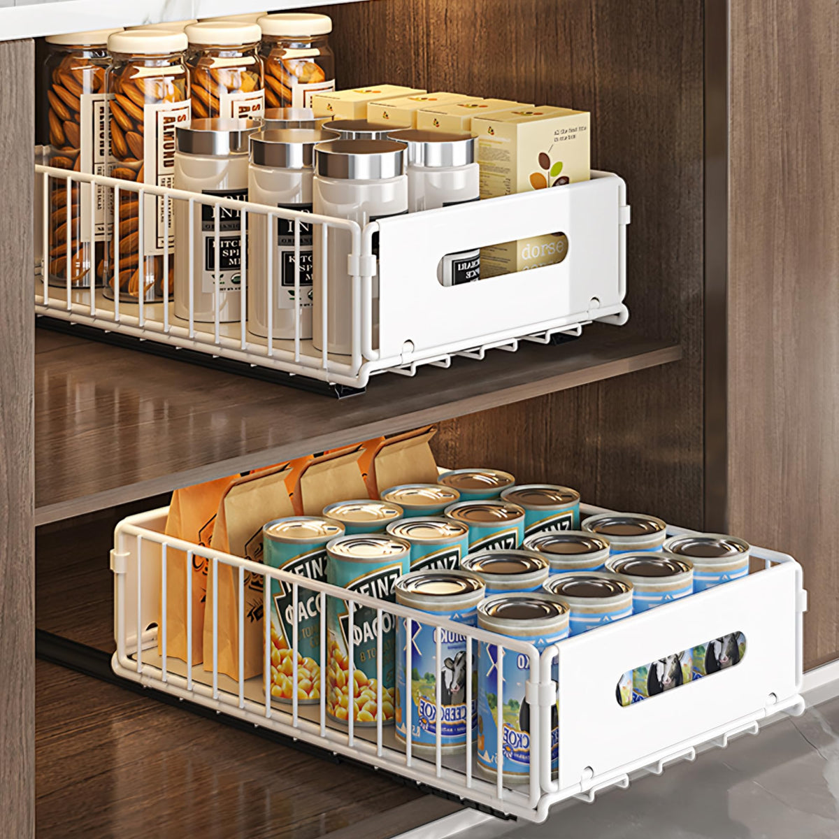 4 Pack Pull Out Cabinet Organizer, Heavy Duty Slide Out Drawer with No Drill Adhesive or Screw Mount, Carbon Steel Roll Out Shelf for Kitchen Cabinet, Pantry & Bathroom Storage