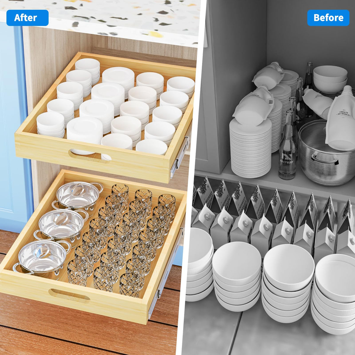2 Set Pull Out Cabinet Organizer, Soft Close Slide Out Wood Drawer Storage Shelves for Kitchen, Base Cabinet Organization for Pantry, Finished, Heavy-Duty, Bottom Assembly (18â W x 21â D)