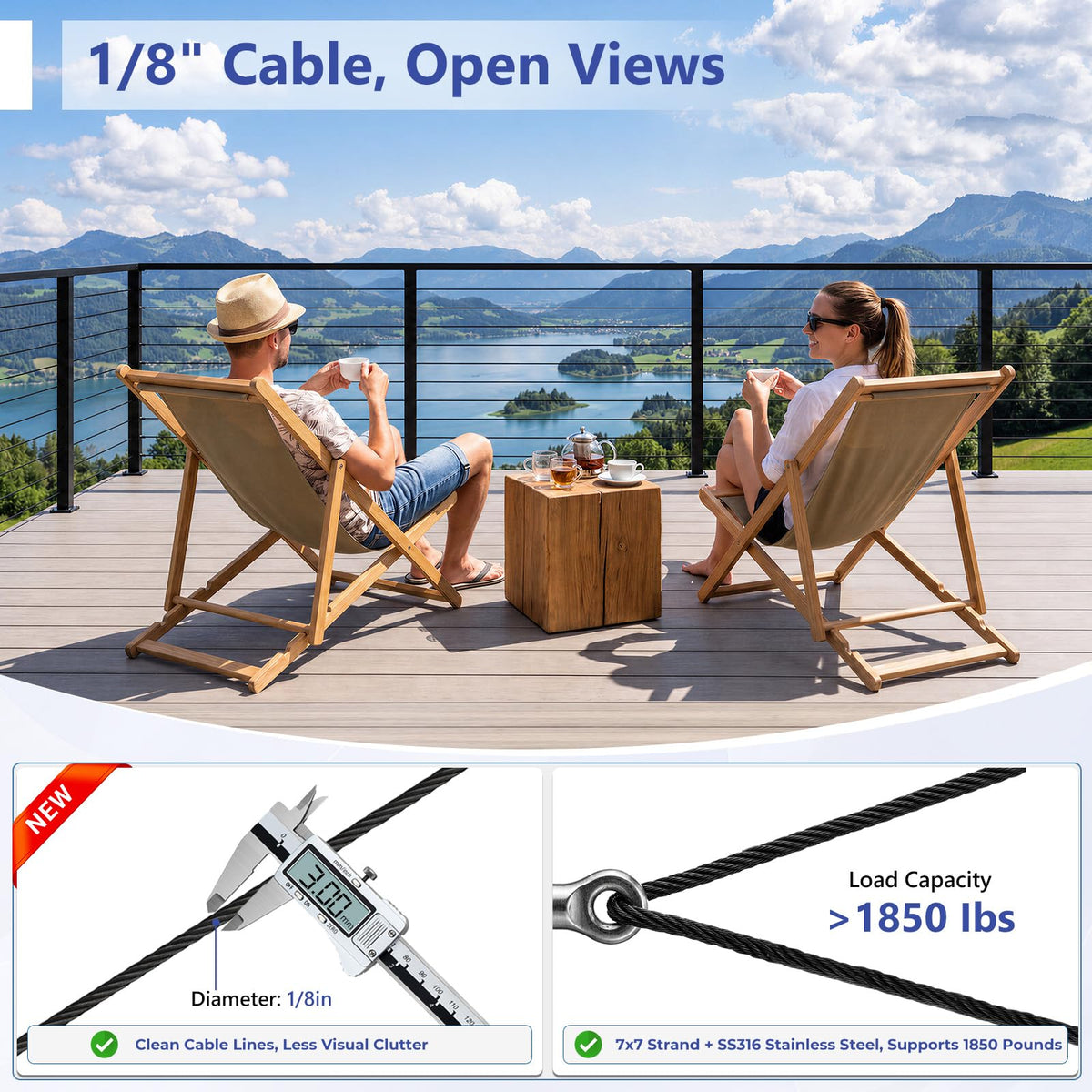 2ft-4ft Modular 36in Cable Railing System for Deck with Handrail
