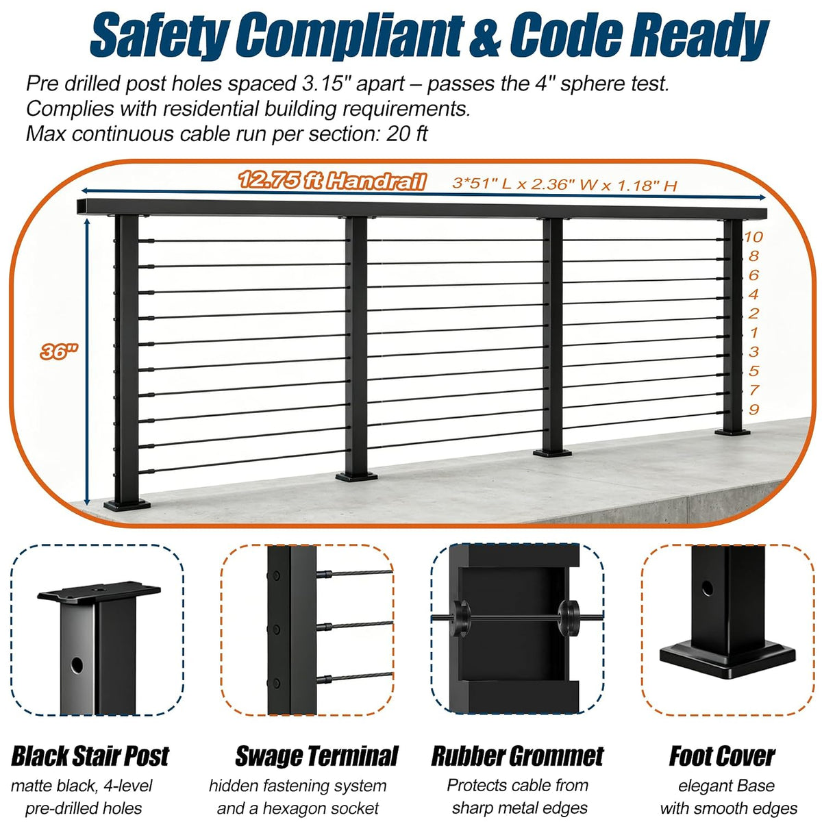 12FT-20FT Cable Railing System Post Kit with Handrail - 4PC 36" Level Posts
