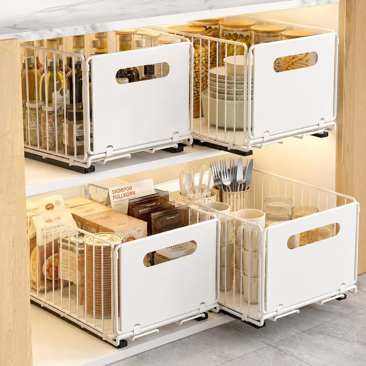 4 Pack Pull Out Cabinet Organizer, Heavy Duty Slide Out Drawer with No Drill Adhesive or Screw Mount, Carbon Steel Roll Out Shelf for Kitchen Cabinet, Pantry & Bathroom Storage