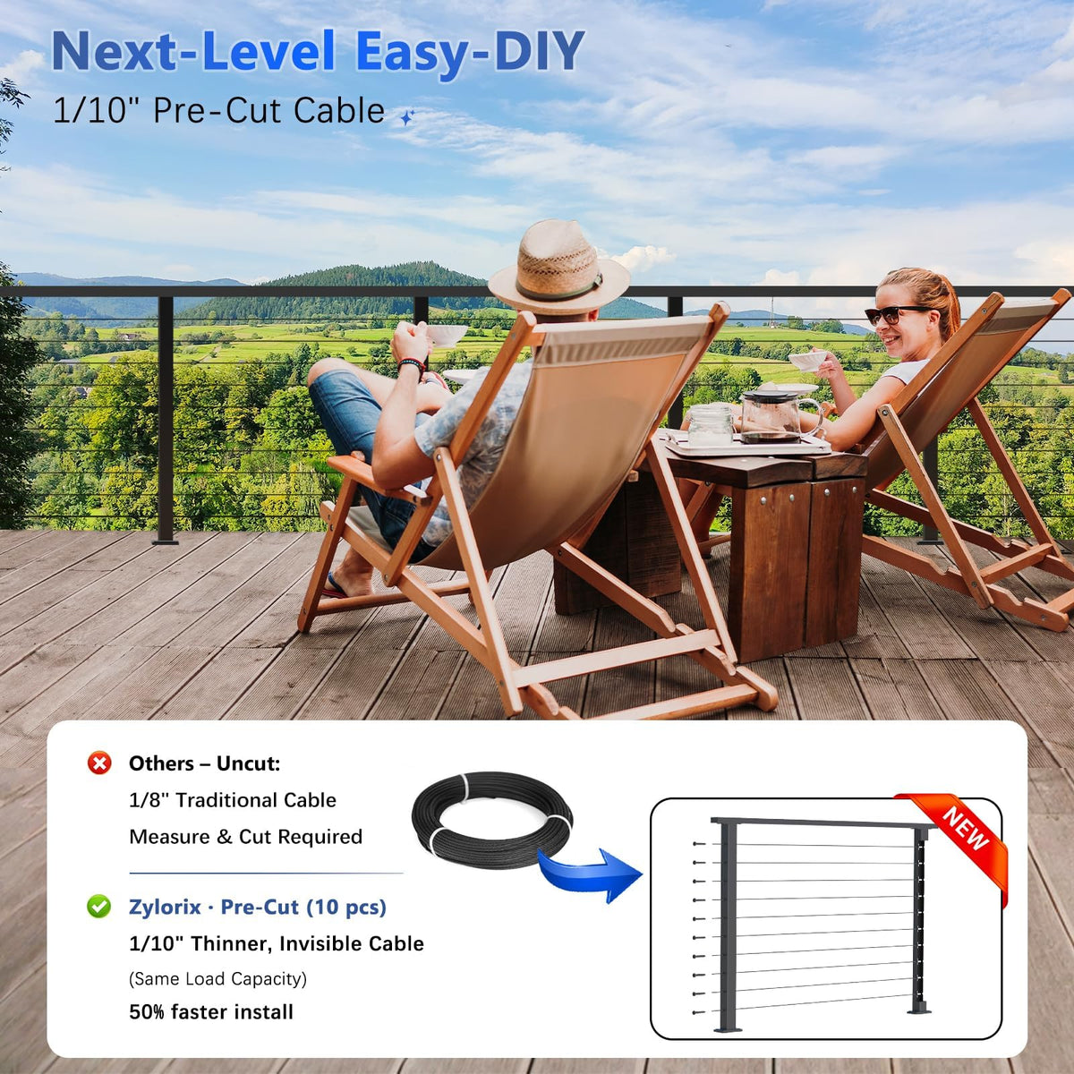 4-8FT Modular 36" Swageless Cable Railing System with Handrail
