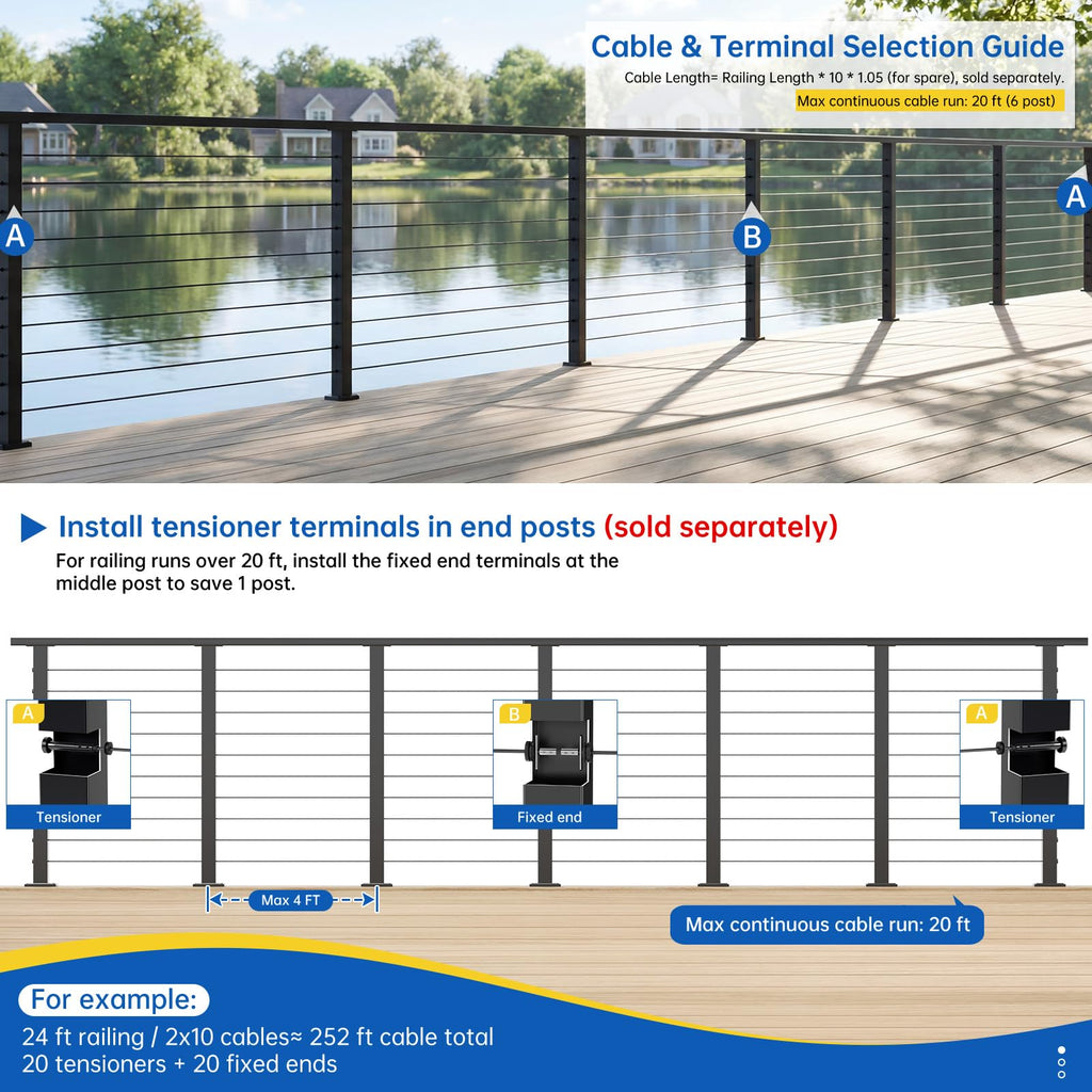 4 Pack 36" Modular Swageless Cable Railing Level Post for Decks