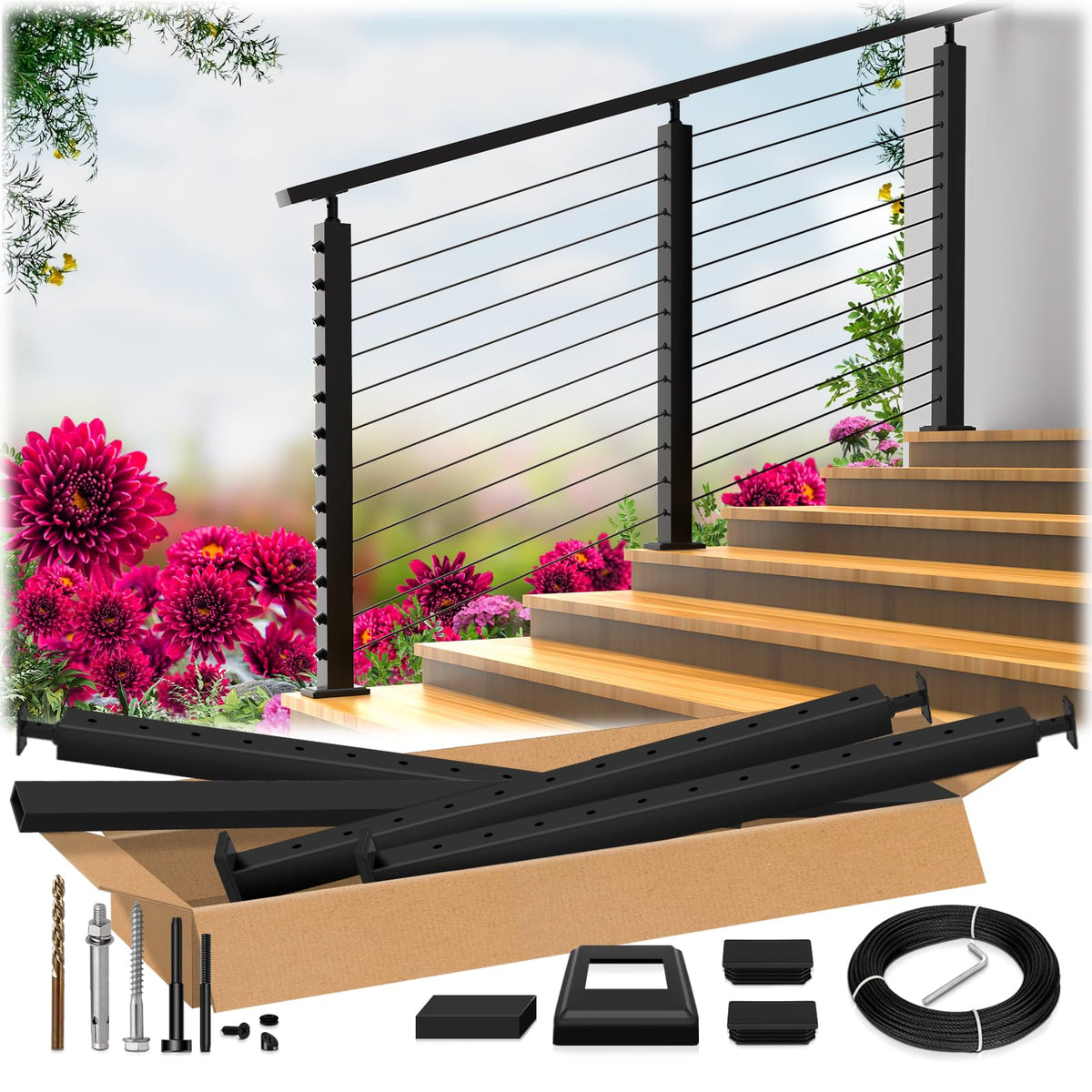 2ft-4ft Modular 42in Cable Railing System for Stair with Handrail