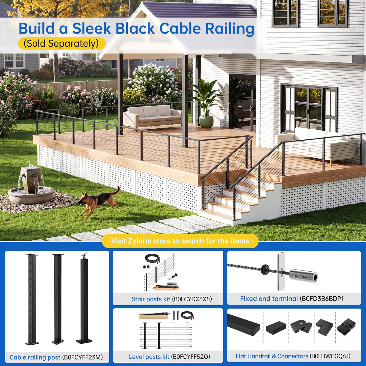 4 Pack 36" Modular Swageless Cable Railing Level Post for Decks