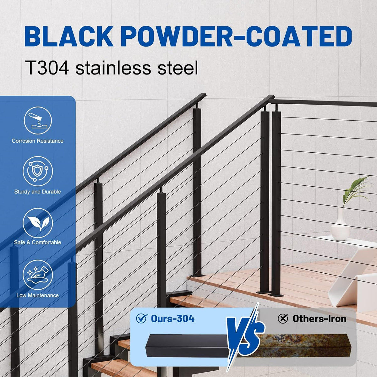 2Pack 8FT Black Cable Railing Handrail for Deck Stair Cable Railing System, T304 Stainless Steel Handrails with End Cap, Cuttable Rectangular Handrail Flat Top Rail for Indoor Outdoor