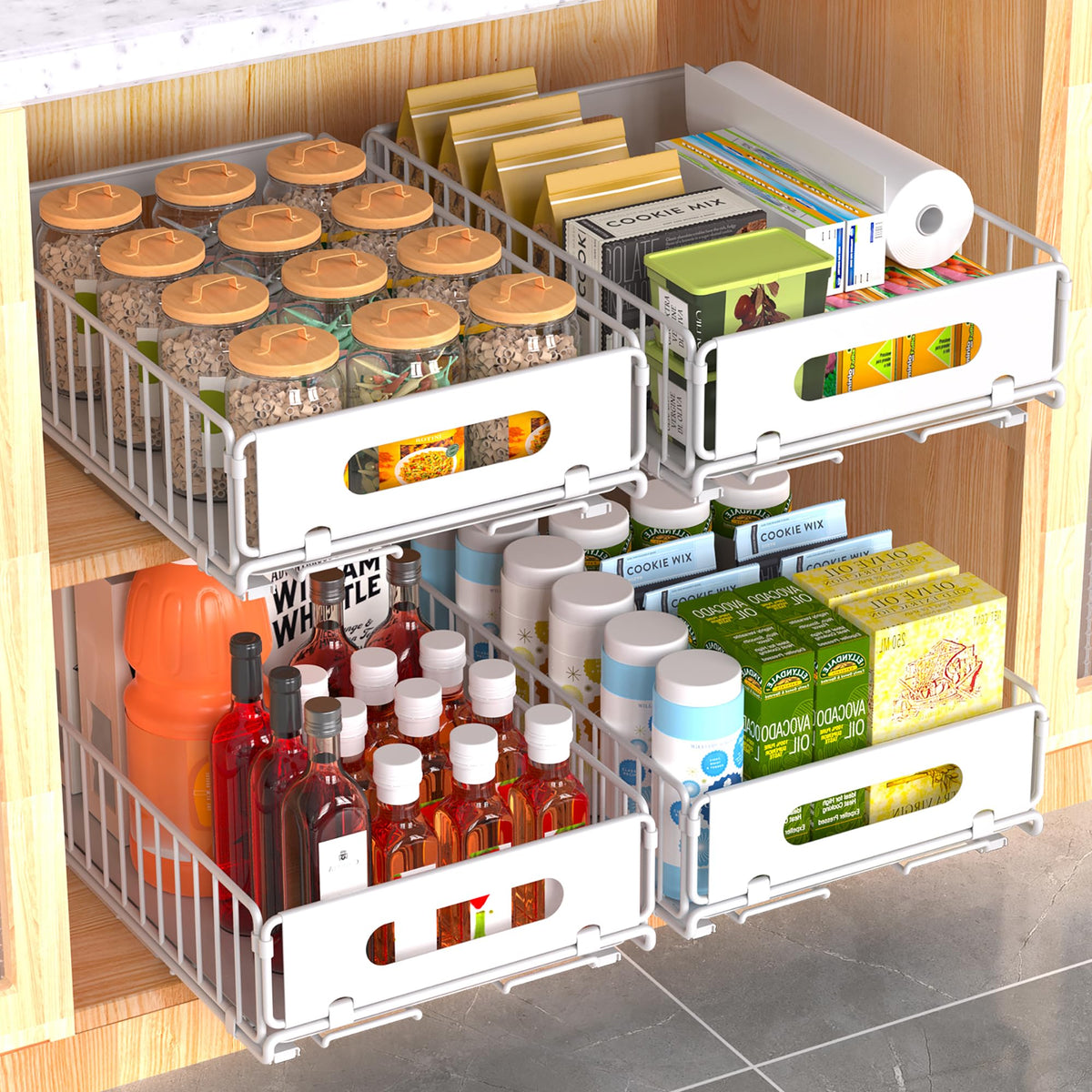 4 Pack Pull Out Cabinet Organizer, Heavy Duty Slide Out Drawer with No Drill Adhesive or Screw Mount, Carbon Steel Roll Out Shelf for Kitchen Cabinet, Pantry & Bathroom Storage
