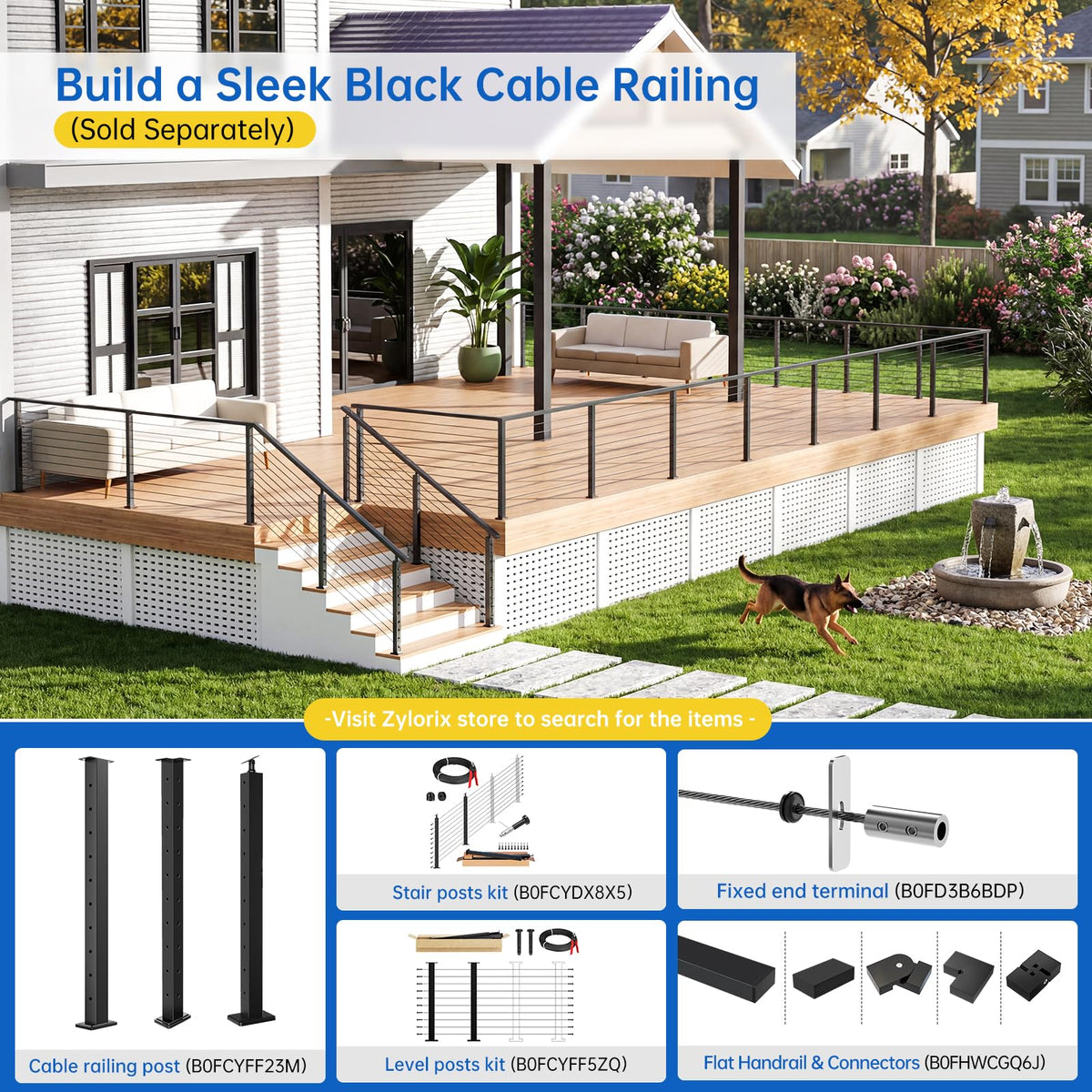 4 Pack 36" Modular Swageless Cable Railing Level Post for Decks
