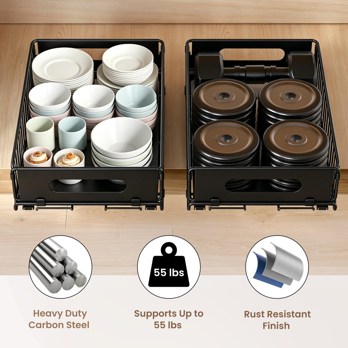 4 Pack Pull Out Cabinet Organizer, Heavy Duty Slide Out Drawer with No Drill Adhesive or Screw Mount, Carbon Steel Roll Out Shelf for Kitchen Cabinet, Pantry & Bathroom Storage