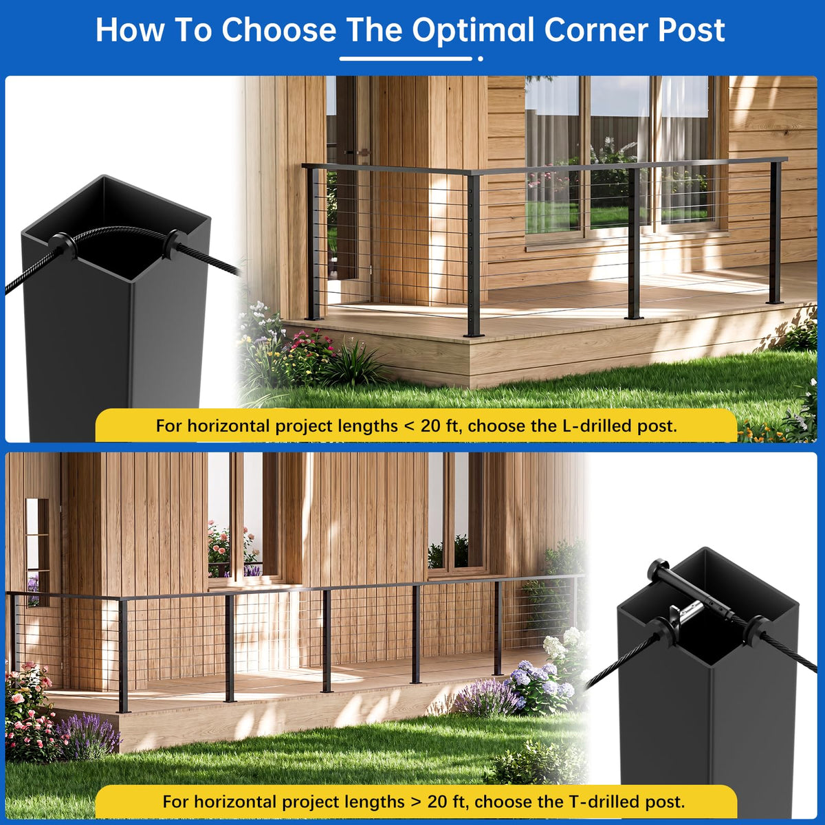 4 Pack 36" Modular Swageless Cable Railing Level Post for Decks