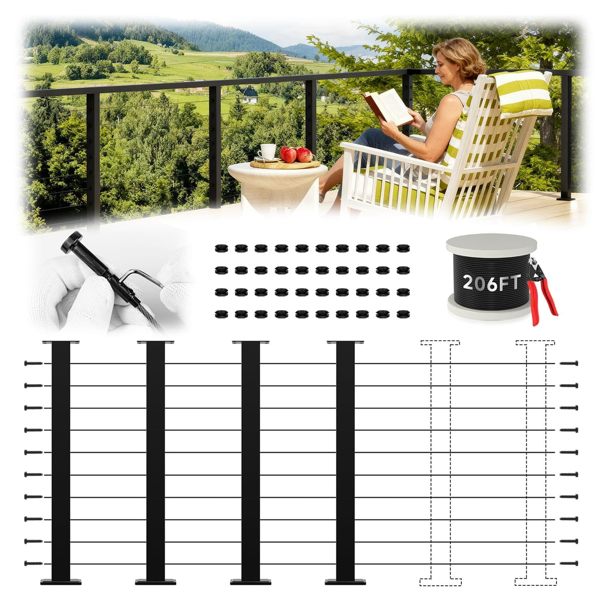 4 Pack 36" Modular Swageless Cable Railing Level Post for Decks