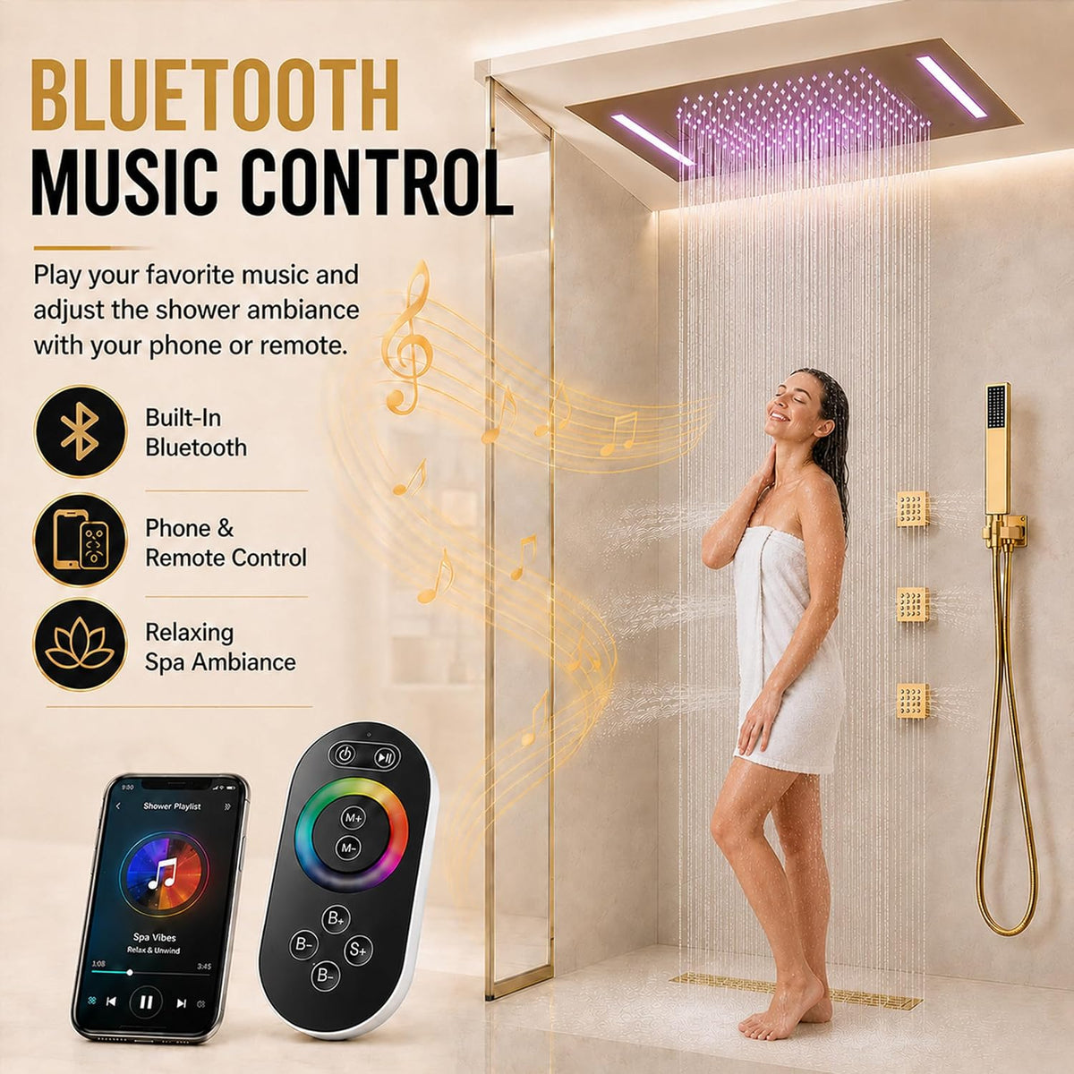 23" Luxury LED Thermostatic Shower Jets System, Ceiling Rainfall Waterfall
