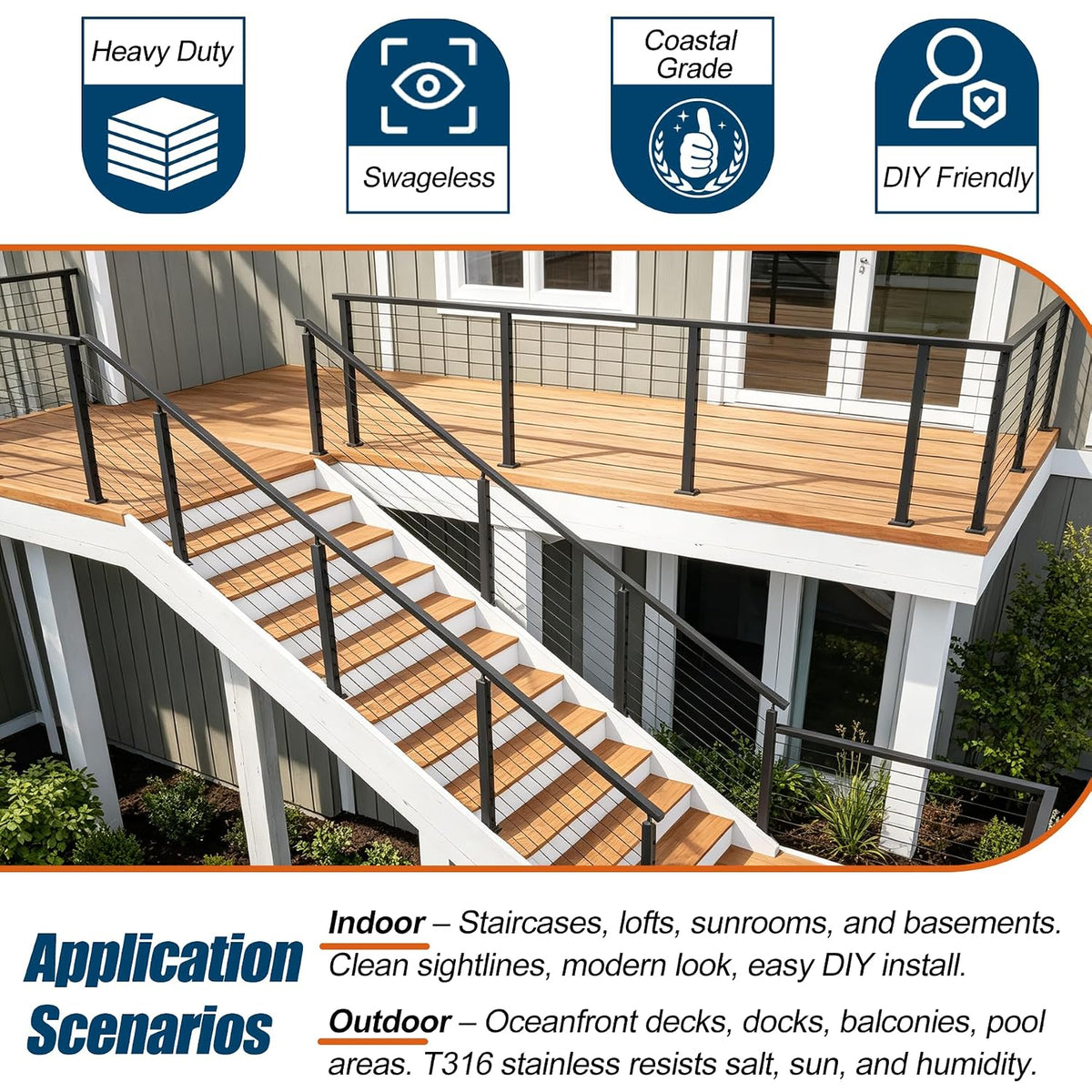 12-20FT Complete Cable Railing System 36" Stair Railing Posts with Handrail