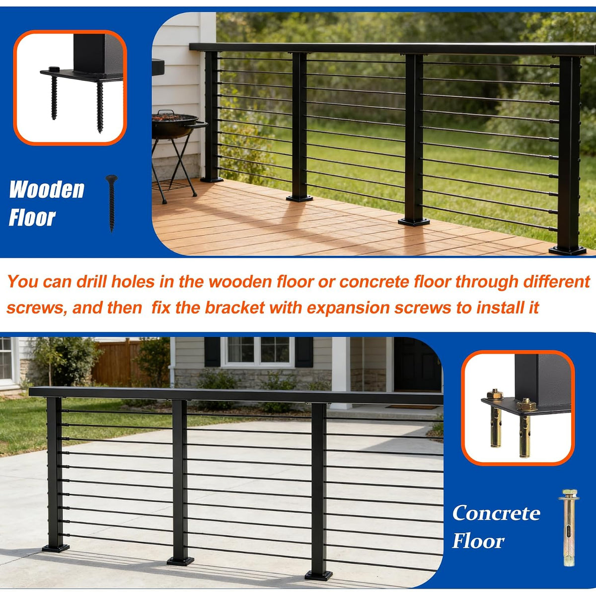 12-20 FT Black Cable Railing Post Kit with Handrail, 4 Pack 36" Level Posts
