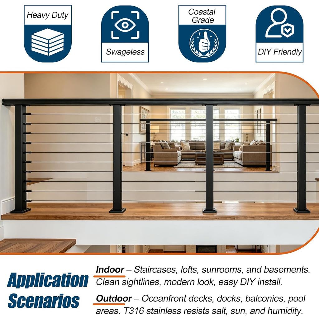 12FT-20FT Cable Railing System Post Kit with Handrail - 4PC 36" Level Posts