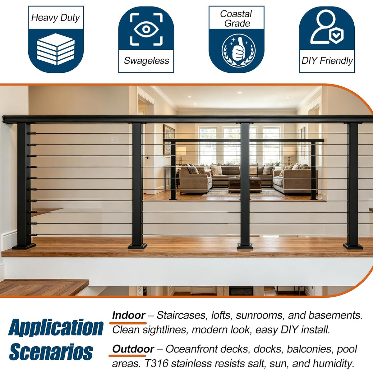12FT-20FT Cable Railing System Post Kit with Handrail - 4PC 36" Level Posts