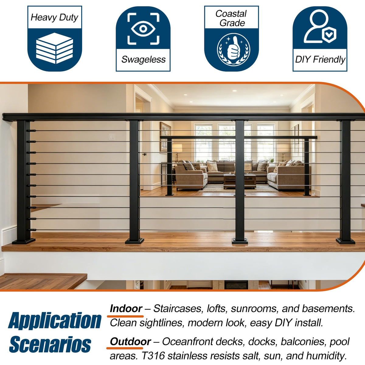 12FT-20FT Cable Railing System Post Kit with Handrail - 4PC 36" Level Posts