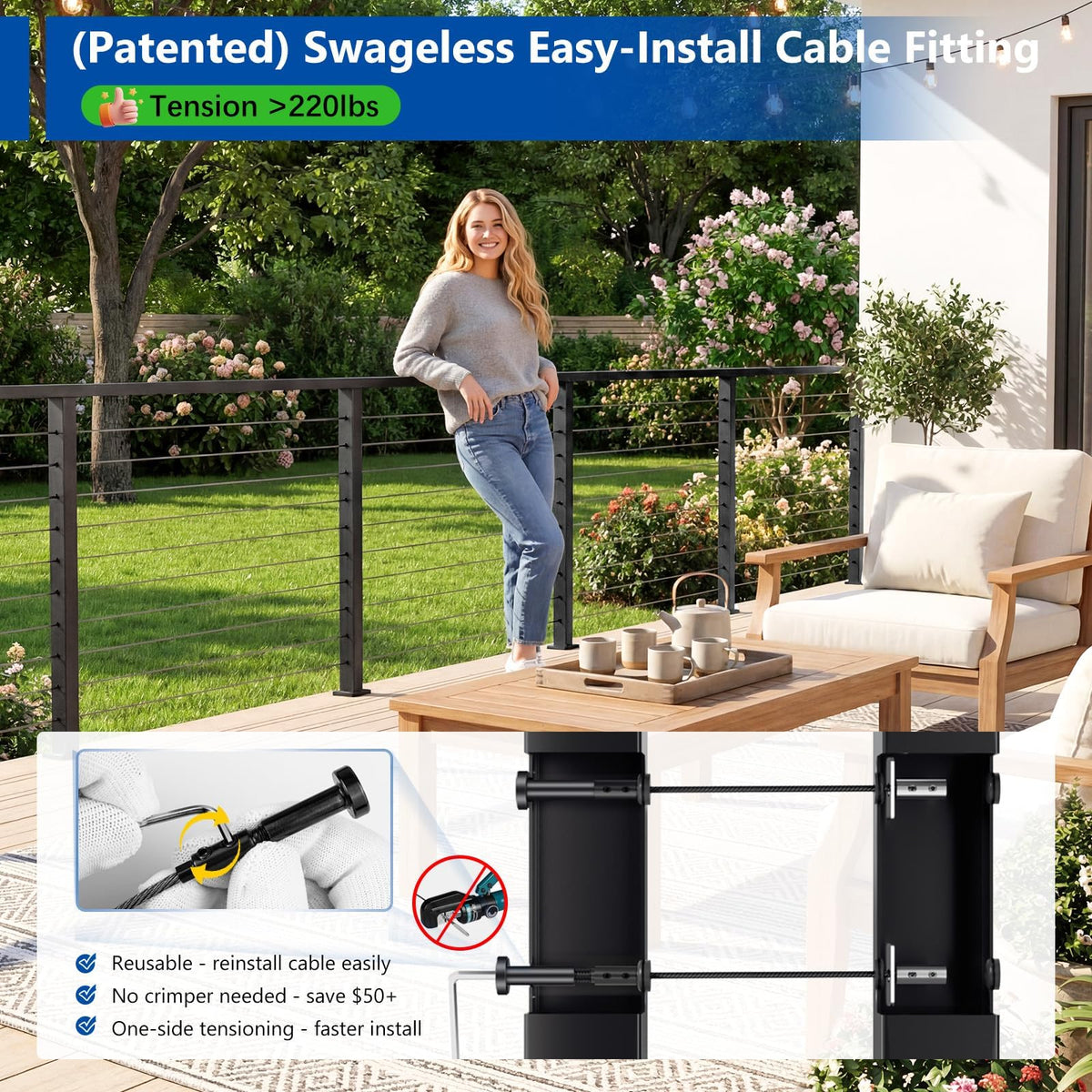4-8FT Modular 36" Swageless Cable Railing System with Handrail