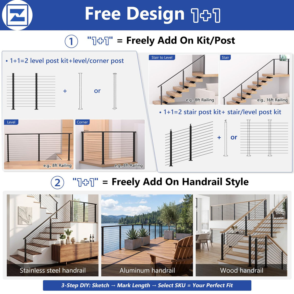 42" Modular 20-24FT Cable Railing Post Kit for Deck, Surface-Mount