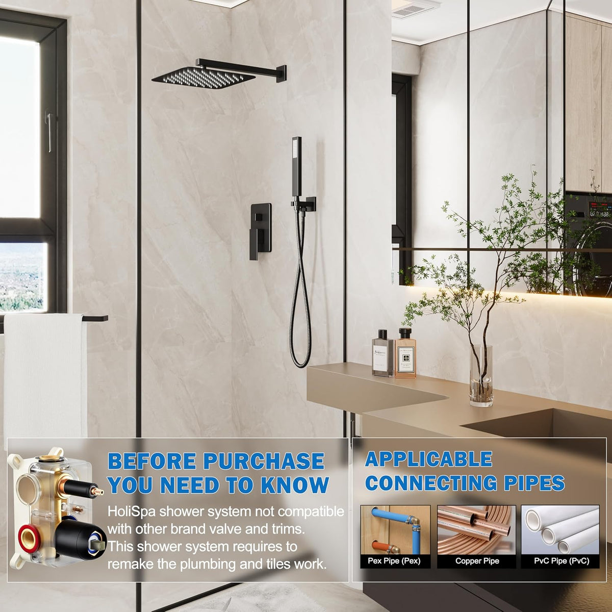 10" Rain Shower System with Handheld & Valve, Matte Black