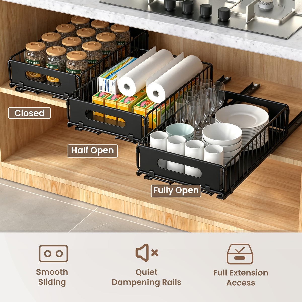 4 Pack Pull Out Cabinet Organizer, Heavy Duty Slide Out Drawer with No Drill Adhesive or Screw Mount, Carbon Steel Roll Out Shelf for Kitchen Cabinet, Pantry & Bathroom Storage