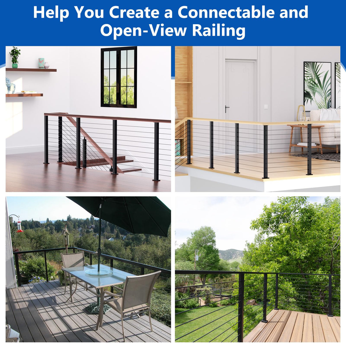 36" Modular 12-16FT Cable Railing Post Kit for Deck Surface Mount