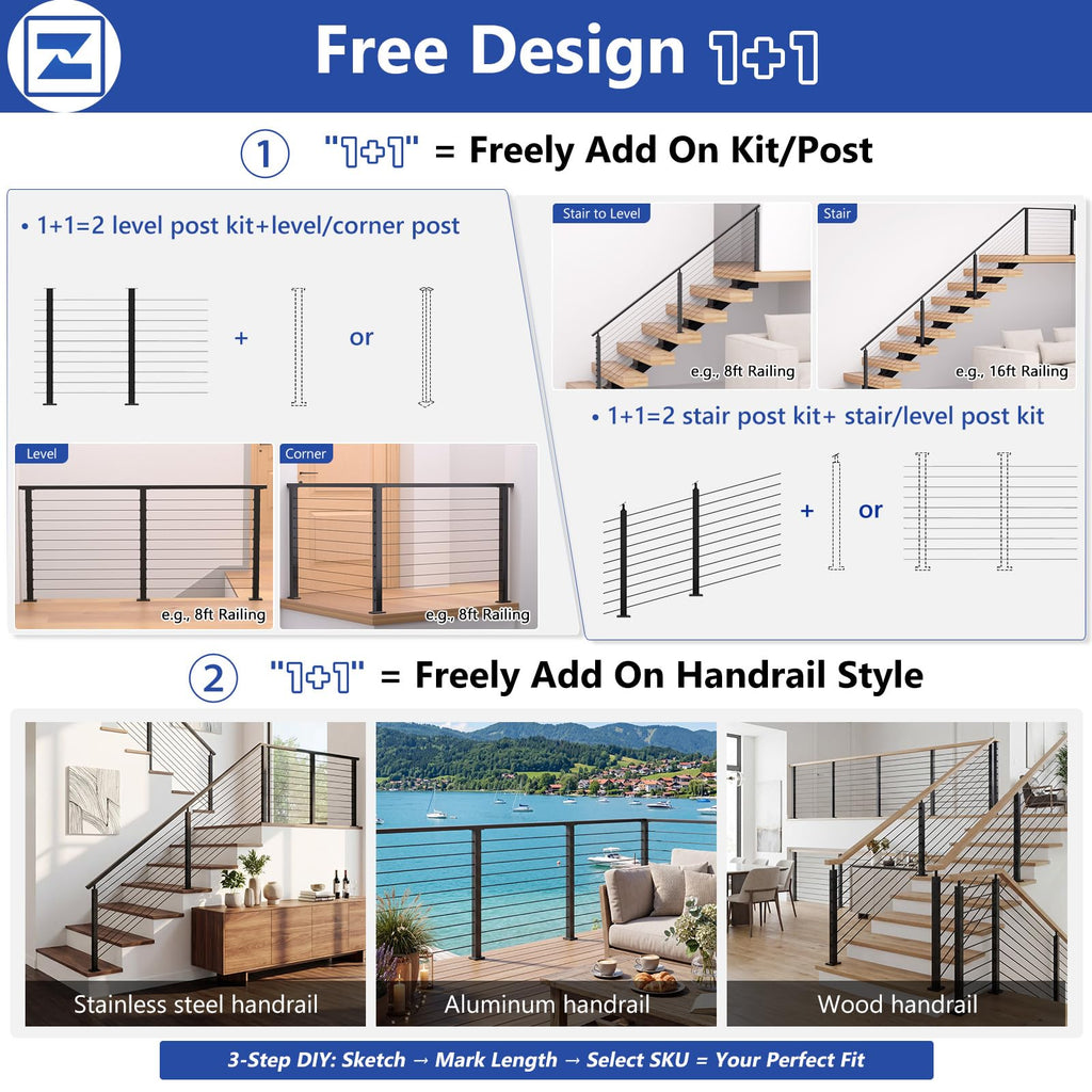 4 Pack 36" Modular Swageless Cable Railing Level Post for Decks