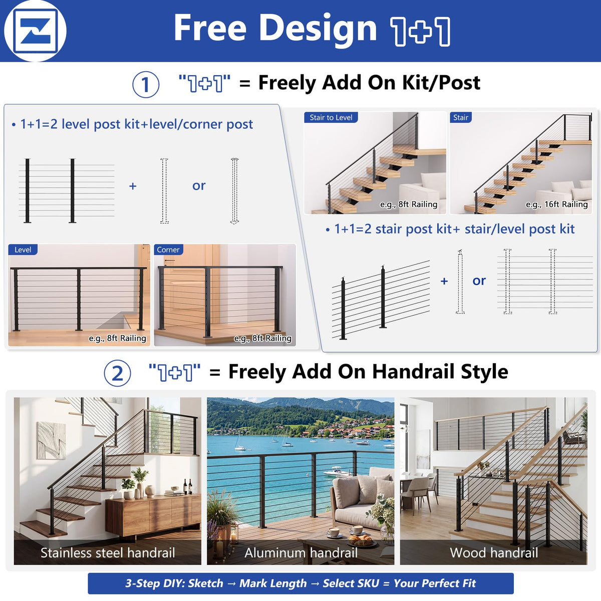4 Pack 36" Modular Swageless Cable Railing Level Post for Decks