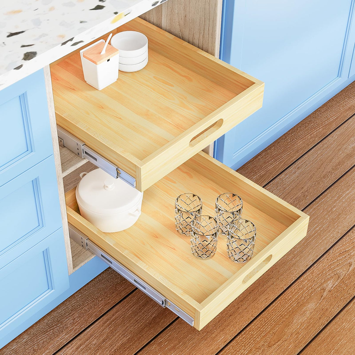 2 Set Pull Out Cabinet Organizer, Soft Close Slide Out Wood Drawer Storage Shelves for Kitchen, Base Cabinet Organization for Pantry, Finished, Heavy-Duty, Bottom Assembly (18â W x 21â D)