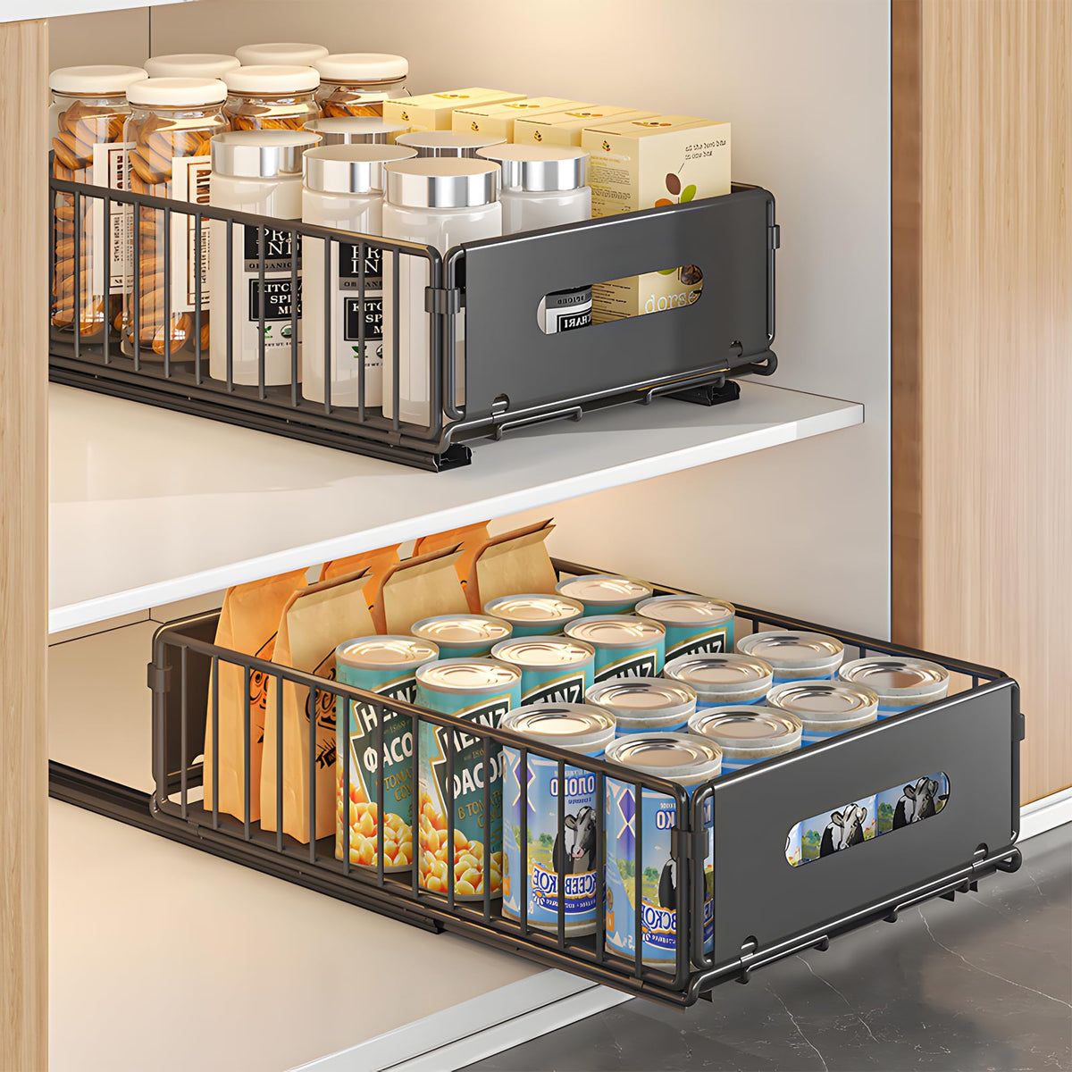 4 Pack Pull Out Cabinet Organizer, Heavy Duty Slide Out Drawer with No Drill Adhesive or Screw Mount, Carbon Steel Roll Out Shelf for Kitchen Cabinet, Pantry & Bathroom Storage